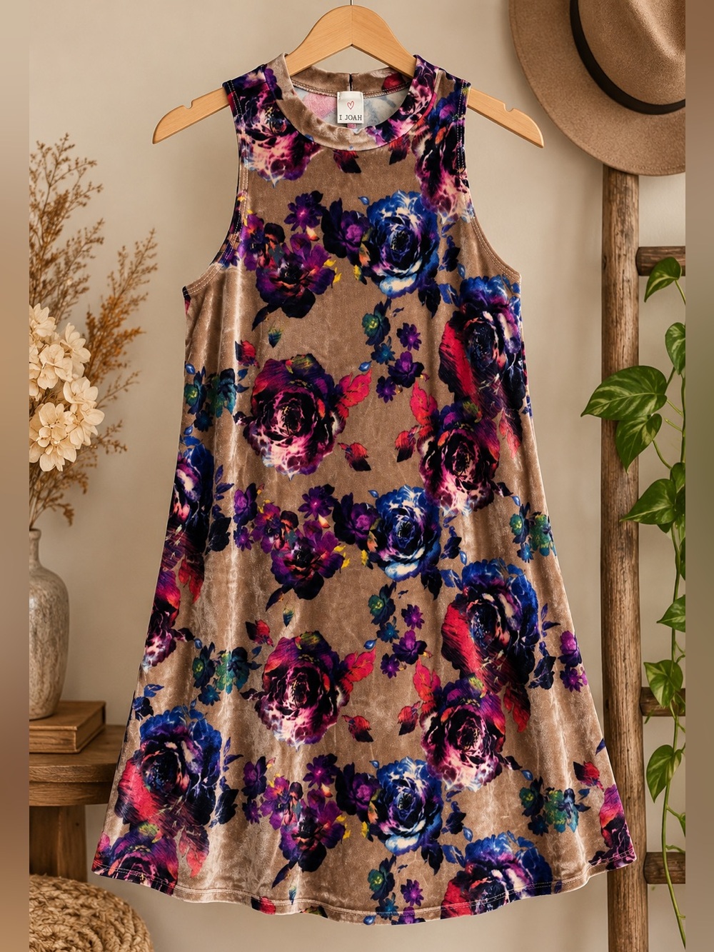 I Joah Floral Velvet Swing Dress Jewel Tone Boho Fall Sleeveless